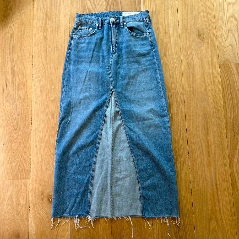rag & bone Beverly Denim Maxi Skirt 24 | High Rise Front Slit Raw Hem Blue